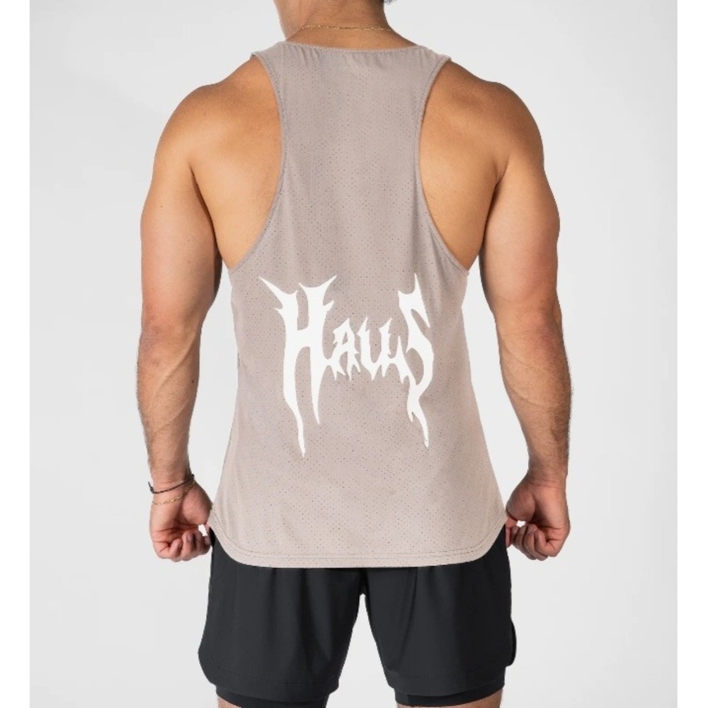 Haus Athletics Core Laser Vent Run Mens Tank Top Tan Large NEW Gym Sports